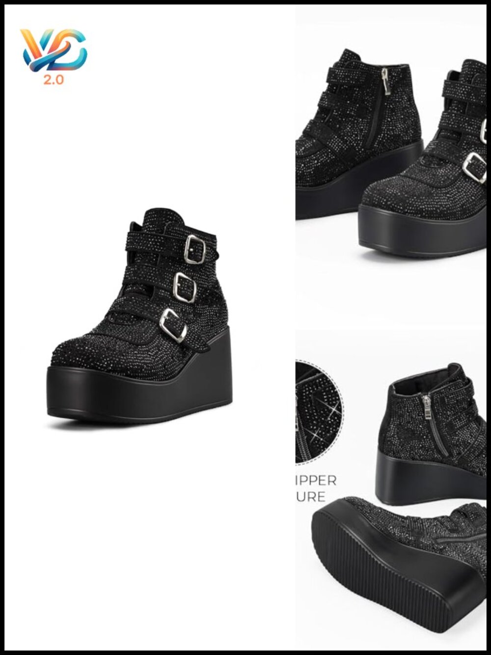 Platform Chunky Ankle Boots with Zipper and Buckle, Thick Sole Goth Booties